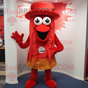 Red Fried Calamari mascot costume character dressed with a Vest and Hats