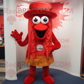 Red Fried Calamari mascot costume character dressed with a Vest and Hats