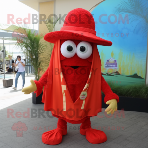 Red Fried Calamari mascot costume character dressed with a Vest and Hats