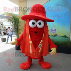 Red Fried Calamari mascot costume character dressed with a Vest and Hats