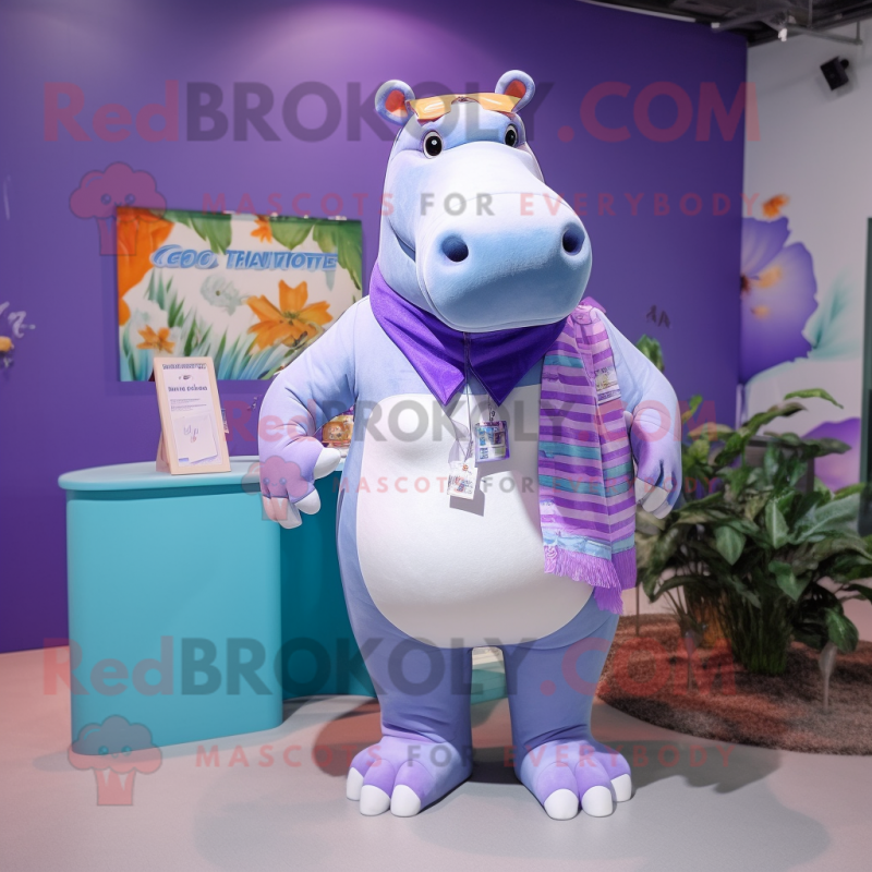 Lavender Hippopotamus mascot costume character dressed with a Bikini and Lapel pins Lavender Hippopotamus mascot costume character dressed with a Bikini and Lapel pins