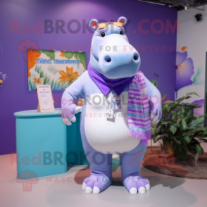 Lavender Hippopotamus mascot costume character dressed with a Bikini and Lapel pins