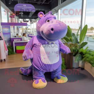 Lavender Hippopotamus mascot costume character dressed with a Bikini and Lapel pins