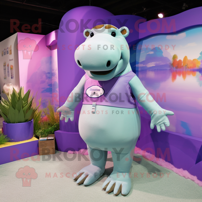Lavender Hippopotamus mascot costume character dressed with a Bikini and Lapel pins Lavender Hippopotamus mascot costume character dressed with a Bikini and Lapel pins