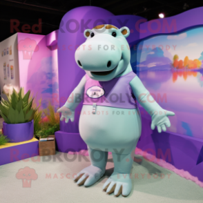 Lavender Hippopotamus mascot costume character dressed with a Bikini and Lapel pins