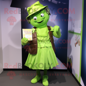 Lime Green Chocolate Bar mascot costume character dressed with a Blouse and Belts