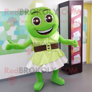 Lime Green Chocolate Bar mascot costume character dressed with a Blouse and Belts