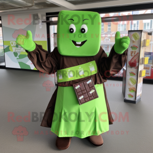 Lime Green Chocolate Bar mascot costume character dressed with a Blouse and Belts