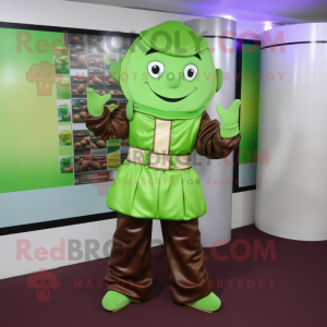 Lime Green Chocolate Bar mascot costume character dressed with a Blouse and Belts