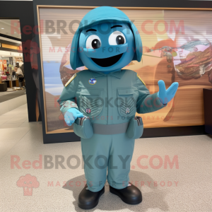 Teal Air Force Soldier mascot costume character dressed with a Bodysuit and Wallets