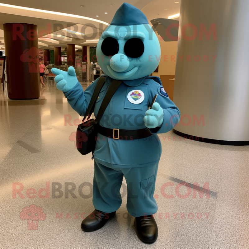 Teal Air Force Soldier mascot costume character dressed with a Bodysuit and Wallets Teal Air Force Soldier mascot costume character dressed with a Bodysuit and Wallets