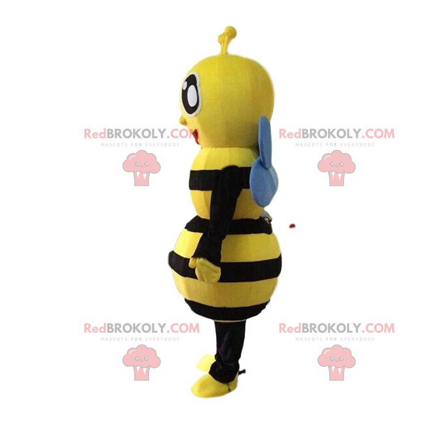Mascotte ape gialla e nera, costume da vespa sorridente -