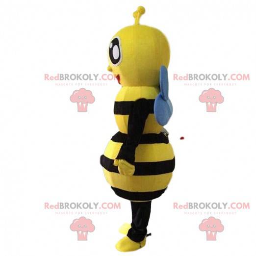 Żółto-czarna pszczoła maskotka, uśmiechnięty kostium osy -