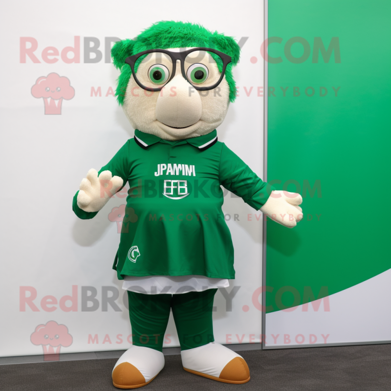 Forest Green Irish Flag mascot costume character dressed with a T-Shirt and Eyeglasses Forest Green Irish Flag mascot costume character dressed with a T-Shirt and Eyeglasses