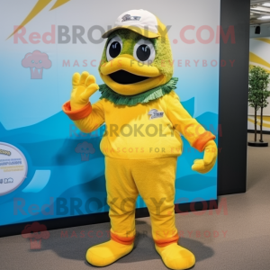 Yellow Salmon mascot costume character dressed with a Bermuda Shorts and Gloves