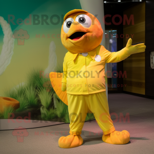 Yellow Salmon mascot costume character dressed with a Bermuda Shorts and Gloves