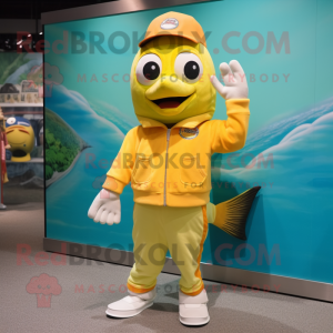 Yellow Salmon mascot costume character dressed with a Bermuda Shorts and Gloves