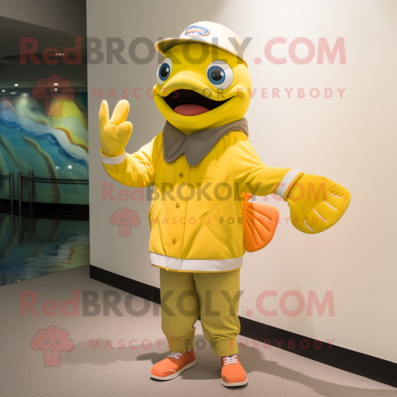 Yellow Salmon mascot costume character dressed with a Bermuda Shorts and Gloves