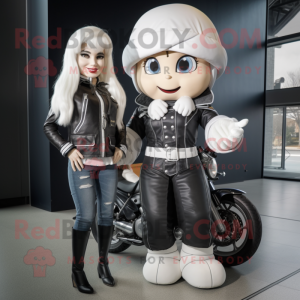 White Queen mascot costume character dressed with a Biker Jacket and Berets