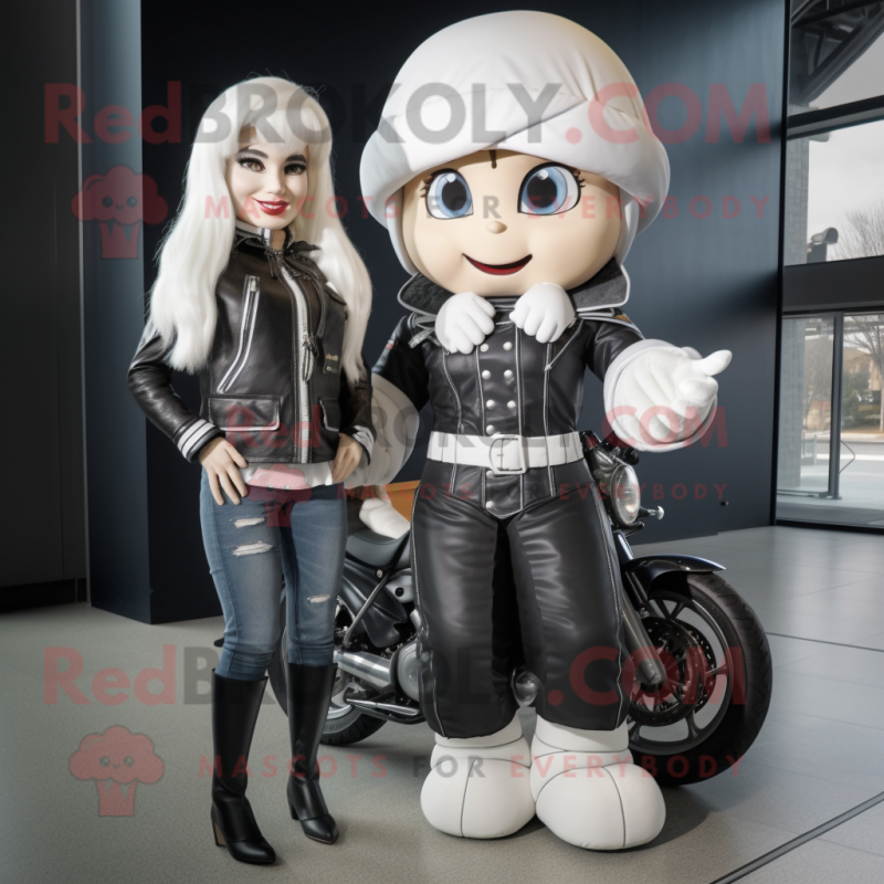White Queen mascot costume character dressed with a Biker Jacket and Berets White Queen mascot costume character dressed with a Biker Jacket and Berets