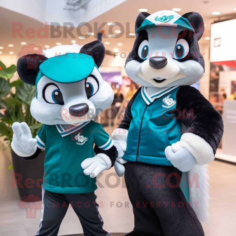 Teal Skunk mascot costume character dressed with a Oxford Shirt and Beanies Teal Skunk mascot costume character dressed with a Oxford Shirt and Beanies