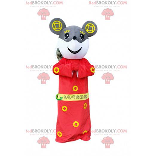 Graues und weißes Mausmaskottchen im roten asiatischen Outfit -