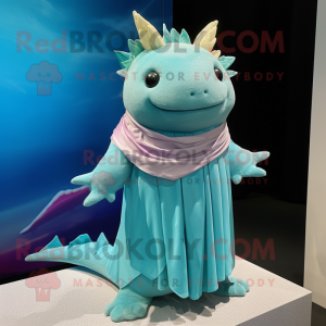 Cyan Axolotls mascot costume character dressed with a Maxi Skirt and Shawl pins