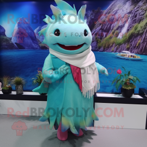 Cyan Axolotls mascot costume character dressed with a Maxi Skirt and Shawl pins