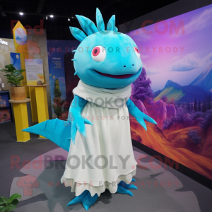 Cyan Axolotls mascot costume character dressed with a Maxi Skirt and Shawl pins