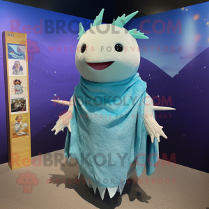 Cyan Axolotls mascot costume character dressed with a Maxi Skirt and Shawl pins