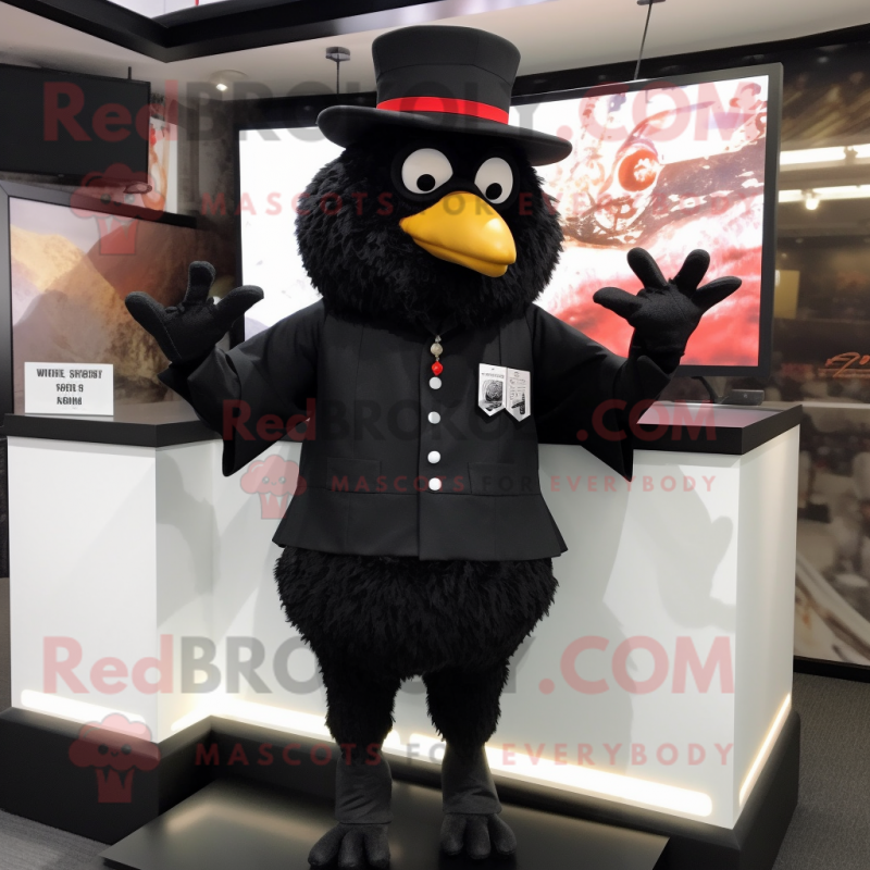 Black Fried Chicken mascot costume character dressed with a Culottes and Hat pins Black Fried Chicken mascot costume character dressed with a Culottes and Hat pins