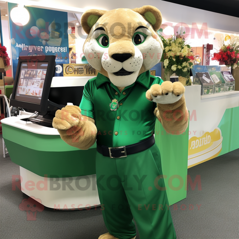 Green Mountain Lion mascot costume character dressed with a Midi Dress and Cufflinks Green Mountain Lion mascot costume character dressed with a Midi Dress and Cufflinks