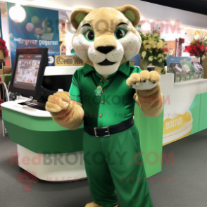Green Mountain Lion mascot costume character dressed with a Midi Dress and Cufflinks