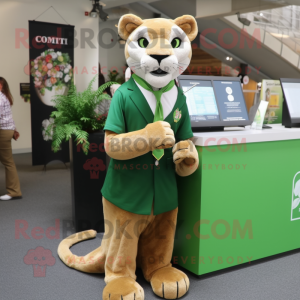 Green Mountain Lion mascot costume character dressed with a Midi Dress and Cufflinks