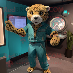 Teal Cheetah mascot costume character dressed with a Cargo Pants and Digital watches