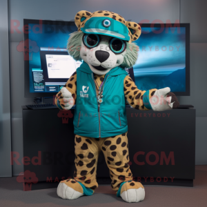 Teal Cheetah mascot costume character dressed with a Cargo Pants and Digital watches