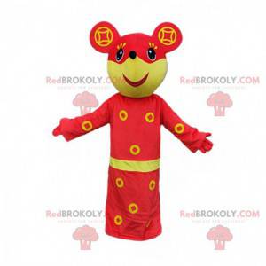 Mascotte de souris jaune et rouge, costume jovial -