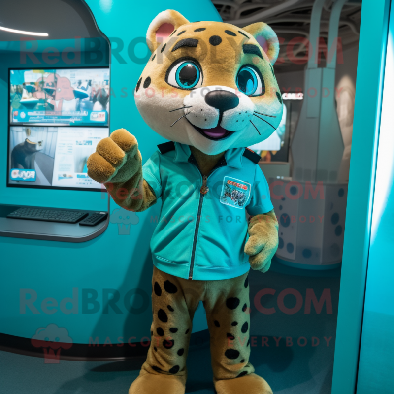 Teal Cheetah mascot costume character dressed with a Cargo Pants and Digital watches Teal Cheetah mascot costume character dressed with a Cargo Pants and Digital watches