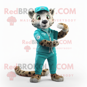 Teal Cheetah mascot costume character dressed with a Cargo Pants and Digital watches