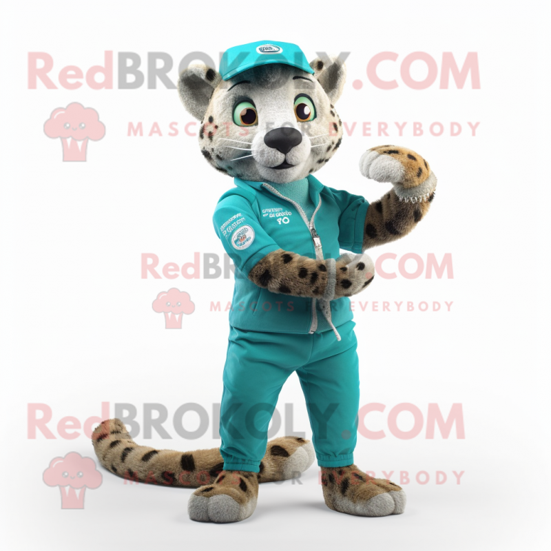 Teal Cheetah mascot costume character dressed with a Cargo Pants and Digital watches Teal Cheetah mascot costume character dressed with a Cargo Pants and Digital watches