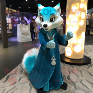 Cyan Marten mascot costume character dressed with a Mini Dress and Shawl pins