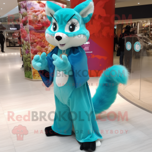 Cyan Marten mascot costume character dressed with a Mini Dress and Shawl pins
