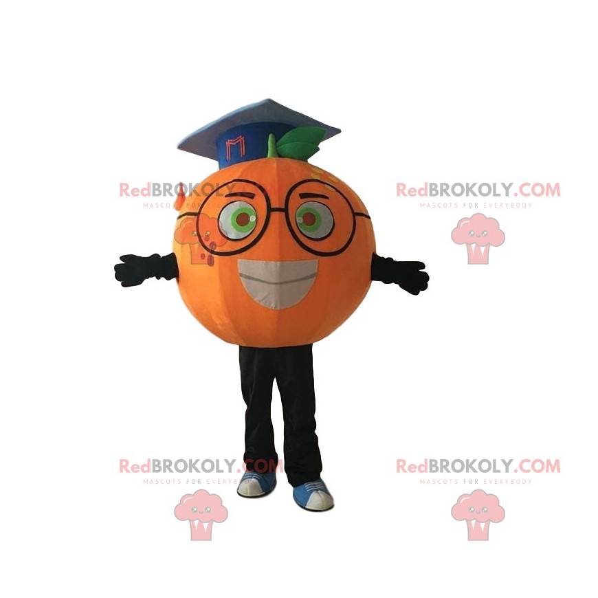 Mascote laranja com óculos e chapéu de pós-graduação -