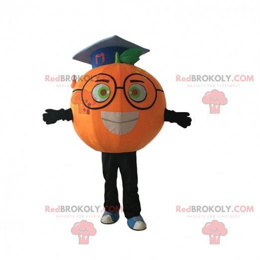 Mascote laranja com óculos e chapéu de pós-graduação -