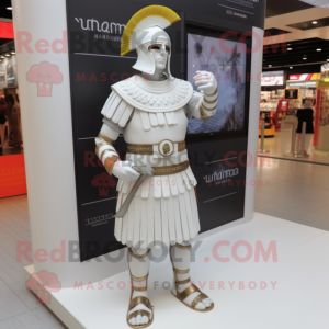 White Roman Soldier mascot costume character dressed with a Shift Dress and Bracelet watches