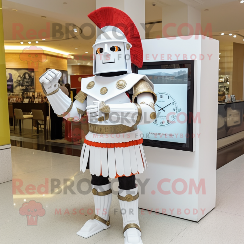 White Roman Soldier mascot costume character dressed with a Shift Dress and Bracelet watches