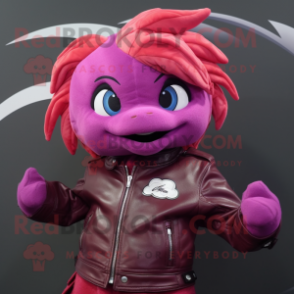 Magenta Goldfish mascot costume character dressed with a Biker Jacket and Mittens