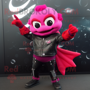 Magenta Goldfish mascot costume character dressed with a Biker Jacket and Mittens