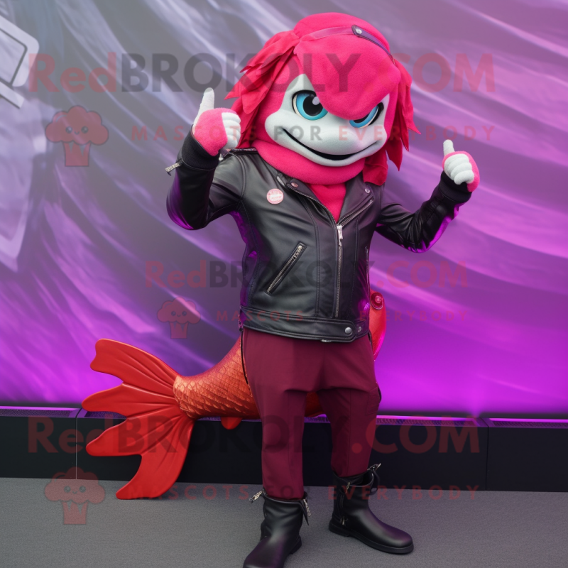 Magenta Goldfish mascot costume character dressed with a Biker Jacket and Mittens