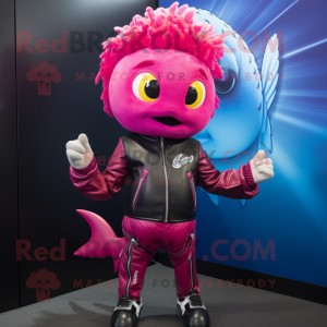 Magenta Goldfish mascot costume character dressed with a Biker Jacket and Mittens